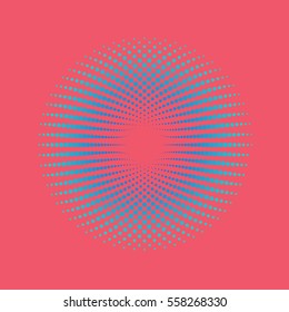 Modern abstract illustration made of small particles. Colorful background with halftone circles. Twisted round shape with an array of dots. Element of design.