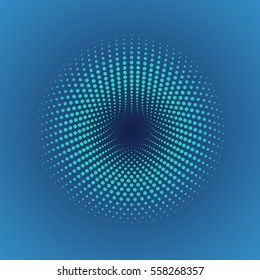 Modern abstract illustration made of small particles. Colorful background with halftone circles. Twisted round shape with an array of dots. Element of design.