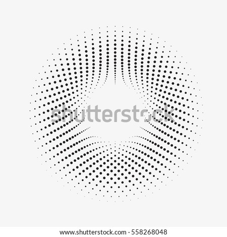 Modern abstract illustration made of small particles. Monochrome background with halftone circles. Twisted round shape with an array of dots. Element of design.