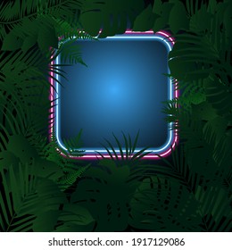 Modern abstract illustration with neon background and green palm leaves