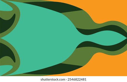 Uma ilustração abstrata moderna com um plano de fundo laranja e padrões ondulados verdes flanqueando um espaço azul claro no meio, criando um design limpo e versátil para as necessidades de arte digital ou branding