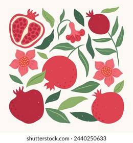 Ilustración abstracta moderna granada con hojas, ramas y flores. Patrón de fruta. Estampado de arte botánico contemporáneo. Diseño vectorial para póster, tarjeta, banner, impresión, textil, decoración del hogar.