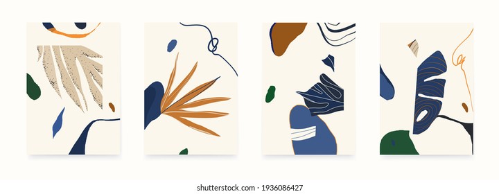 Modern abstract illustrations with shapes and plants. Contemporary wall decor. Collection of creative artistic posters. 