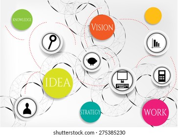 Modern, abstract infographic with black icons - chart, calculator, man, computer, magnifier, moneybox, colorful, round icons with text - work, idea, success, vision, shadows, design template, pattern