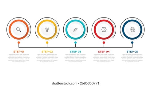 Diseño infográfico moderno y abstracto con círculos de 5 pasos que muestran iconos y conceptos comerciales, ideal para presentaciones, informes o análisis. Ilustración vectorial. 