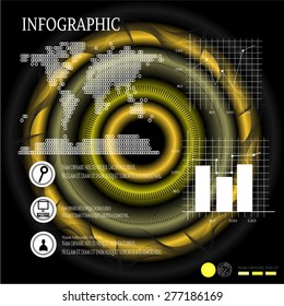 Modern, abstract infographic with huge sun, shadows, world map, charts, diagrams, graphs,  black icons for infographics, presentations, reports, documents