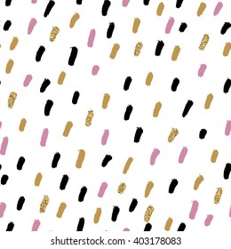 Modern abstract ink hand painted pattern in light pink, golden and black colors. Fashion and textile seamless texture. Wrapping, clothes, wallpapers, greeting cards, wedding invitations template.