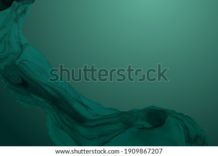 Modern abstract inkscape or background design or card template or wallpaper or poster with dark turquoise green watercolor waves or fluid art in alcohol ink style.