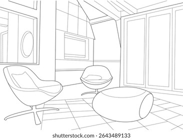 Modern Abstract Interior Design Sketch, Abstract line drawing illustration of a modern or futuristic interior space featuring stylized furniture like chairs and a coffee table, along with