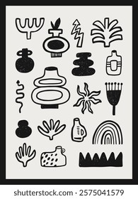 Modern abstract interior poster 3x4. Hand-drawn vector illustration. Trendy wall art with doodle elements.