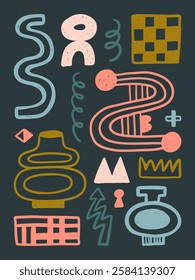 Modern abstract interior poster 3x4. Hand-drawn vector illustration. Trendy wall art with doodle elements.