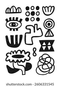 Modern abstract interior poster 3x4. Hand-drawn vector illustration. Trendy wall art with doodle elements.