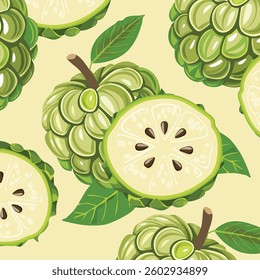 A modern, abstract interpretation of custard apple and its slices, fusing bold patterns with natural form