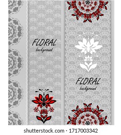 Plantilla de invitación abstracta moderna con folletos.Estilo folclórico adorno con flores rojas y blancas.Diseño de folleto. Fondo del cartel.