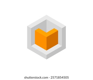 Modern abstract isometric design featuring a vibrant orange cube within a gray hexagonal frame.  Perfect for tech, corporate, or app branding, presentations, and website design.