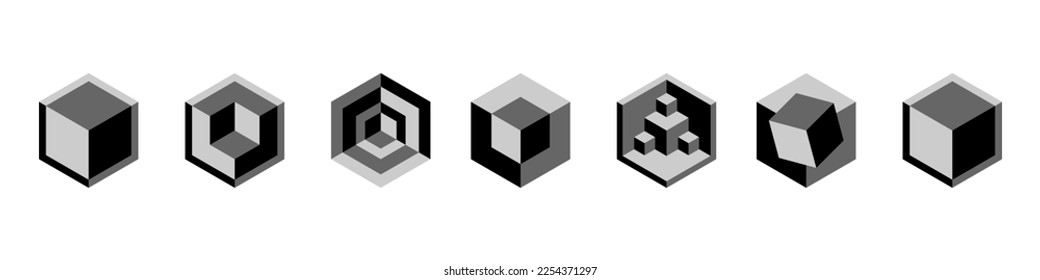 Modern abstract isometric figure. Black and gray hexagon with cube. Vector illustration isolated on white background.