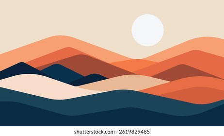 Modern abstract landscape poster, Wall art decor in mid century contemporary style, Mountain background. Vector illustration