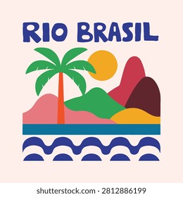 Modern abstract landscape of Rio de Janeiro. Features iconic mountains, sun, palm trees, and the ocean with wavy lines. A contemporary travel design.  palm tree mountain. tropical beach vacation artwork for t shirt, poster, print.