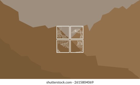 Modern abstract landscape in warm earth tones with a central geometric window. Each section reveals traditional line art, merging ethnic motifs, soft gradients, and minimalist structure in harmony.