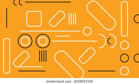 Modern abstract layout with capsules, dots, and geometric shapes on bright orange. Perfect for creative projects, digital media, and visual branding.
