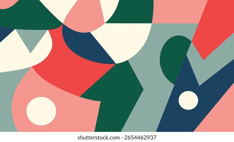 Modern abstract layout with cutout shapes and colorful geometry in red, pink, cream, and green, ideal for branding, covers, and backgrounds.