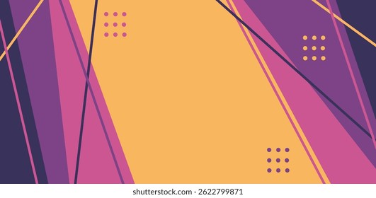 Modern abstract layout featuring bold geometric shapes in shades of purple, pink, and orange