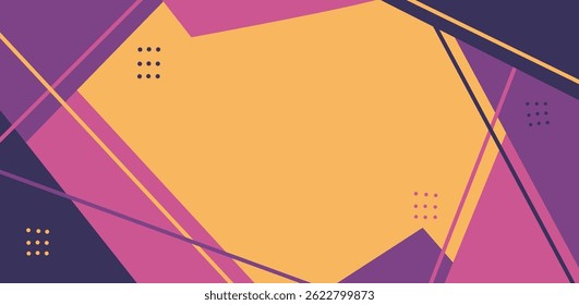 Modern abstract layout featuring bold geometric shapes in shades of purple, pink, and orange