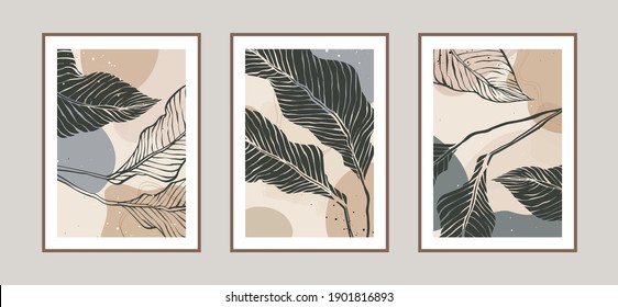 Modern abstract leaves line art background with different shapes for wall decoration, postcard or brochure cover design. Vector  illustrations design.