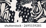 Modern abstract leopards, leaves and dots collage print. Black and white contemporary seamless pattern. Hand drawn unique print.