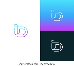 Logotipo abstracto moderno de la letra ID en un estilo monoline elegante. Cuenta con un gradiente vibrante y variaciones de blanco limpio para la identidad empresarial y la marca de tecnología.