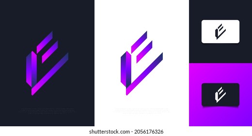 Diseño del logotipo de la carta E moderna y abstracta en gradiente morado. Logotipo de letra inicial E