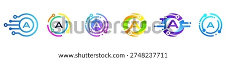 Modern abstract letter A logo set featuring vibrant gradient circles and digital circuit elements