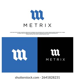 Modern abstract letter M logo design with minimalist style. Clean and professional monogram on white, blue, and black backgrounds. Perfect for business, tech, or startup branding.