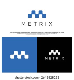 Modern abstract letter M logo design with minimalist style. Clean and professional monogram on white, blue, and black backgrounds. Perfect for business, tech, or startup branding.