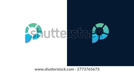 Modern abstract letter P logo design with a cross symbol in gradient colors on white and dark backgrounds