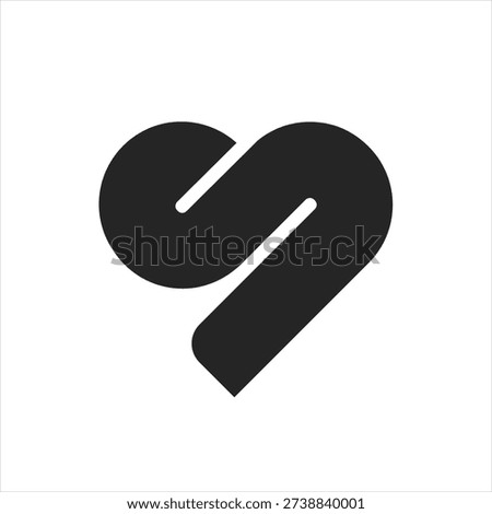 Modern abstract letter S logo forming a heart shape. Minimal black geometric monogram symbol representing love, care, connection and contemporary brand identity.