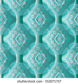 Modern abstract light blue geometric vector seamless pattern background wallpaper iwith 3d vintage geometrical rhombus, radial circles,tribal ornaments.3d decor elements with shadows and highlights.