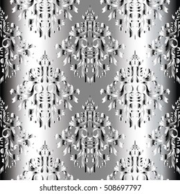 Modern abstract light damask baroque seamless pattern.Floral ornament with vintage decorative antique 3d flowers and leaves.Vector flourish background wallpaper illustration.Endless texture.