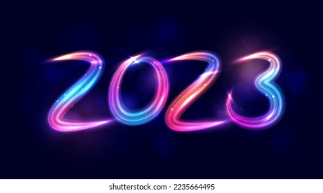 Modern abstract light trail numbers 2023. Concept for 2023 new year celebration. Futuristic pattern for banner or poster design. Vector EPS10.