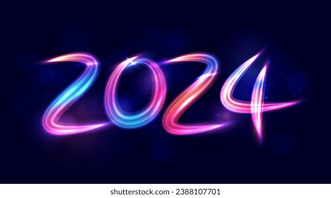 Modern abstract light trail numbers 2024. Concept for 2024 new year celebration. Futuristic technology pattern for banner or poster design. Vector EPS10.