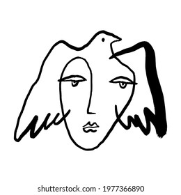 Modern abstract line art face woman portrait silhouette, pigeon freedom symbol.