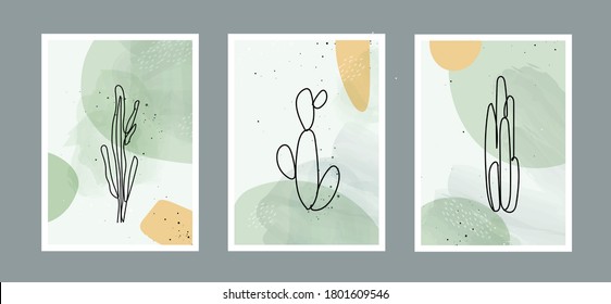 Modern abstract line cactus in lines and arts background with different shapes for wall decoration, postcard or brochure cover design. Vector  illustrations design