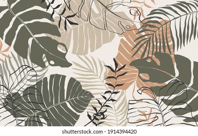 Modern abstract line leaves in lines and arts background with different shapes for wall decoration, postcard or brochure cover design. Vector  design.