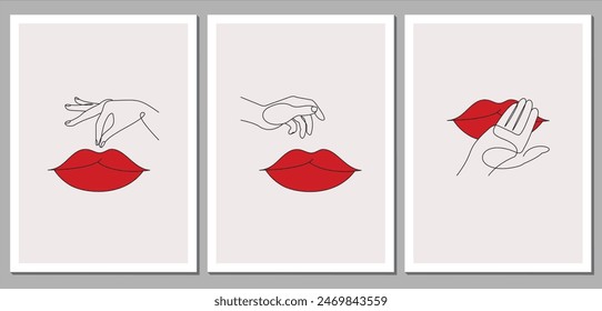 Modern abstract line minimalist Hands on lips. arts background with different shapes for wall decoration. Vector Illustration.