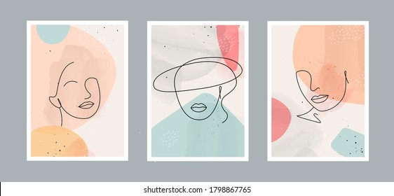 Modern abstract line minimalistic  women faces  and arts background with different shapes for wall decoration, postcard or brochure cover design. Vector  illustrations design.