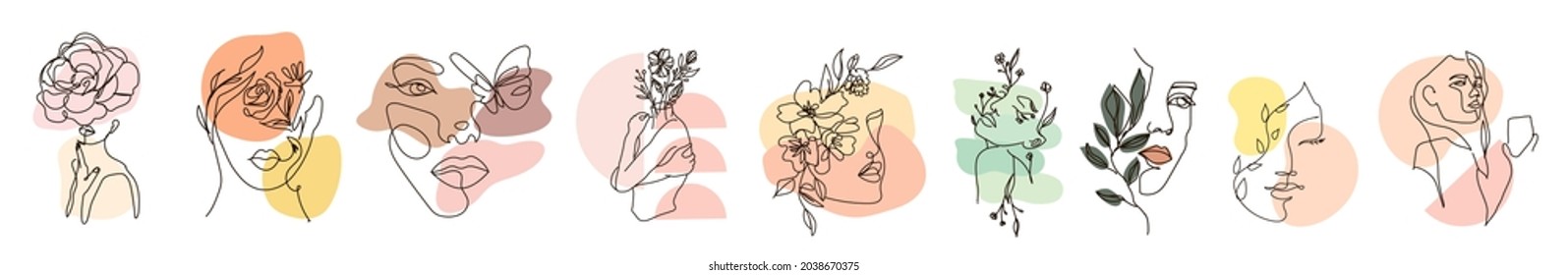 Modern abstract line minimalistic women faces arts set with different shapes for wall decoration, postcard or brochure cover design. Different woman faces. One line art. Vector illustrations design