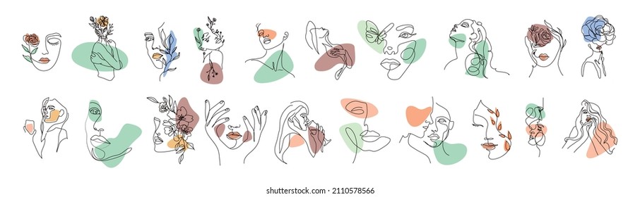 Modern abstract line minimalistic women faces arts set with different shapes for wall decoration, postcard or brochure cover design. Different woman faces. One line art. Vector illustrations design