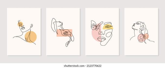 Modern abstract line minimalistic women faces arts set with different shapes for wall decoration, postcard or brochure cover design. Different woman faces. One line art. Vector illustrations design