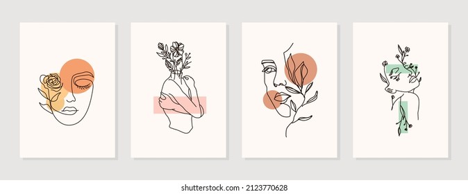 Las mujeres minimalistas de línea abstracta moderna se enfrentan a un conjunto de artes con diferentes formas para la decoración de paredes, postales o folletos. Diferentes caras de mujer. Diseño de ilustraciones vectoriales en una sola línea