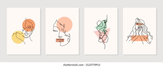 Modern abstract line minimalistic women faces arts set with different shapes for wall decoration, postcard or brochure cover design. Different woman faces. One line art. Vector illustrations design